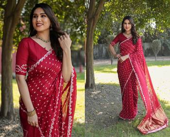 Women Red Bandhej Printed Art Silk Zari Weaving And Rich Pallu Saree With Blouse For Women 5