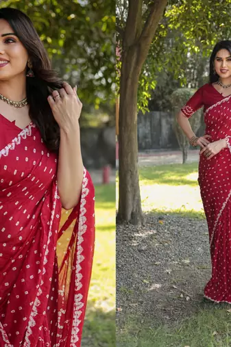 Women Red Bandhej Printed Art Silk Zari Weaving And Rich Pallu Saree With Blouse For Women
