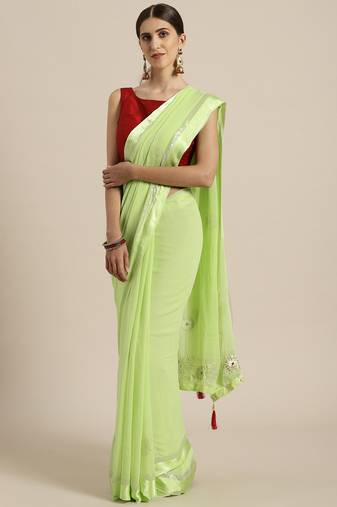 Lime Green Hand Embroidered Georgette Sustainable Saree