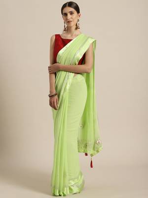 Lime Green Hand Embroidered Georgette Sustainable Saree 1