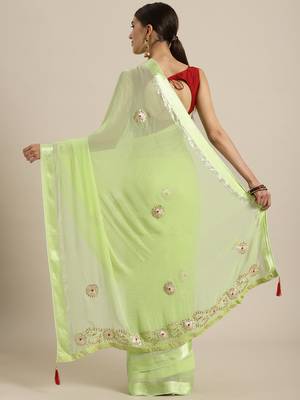Lime Green Hand Embroidered Georgette Sustainable Saree 2