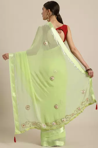 Lime Green Hand Embroidered Georgette Sustainable Saree