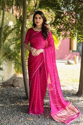 Women Pink Bandhej Printed Art Silk Zari Weaving And Rich Pallu Saree With Blouse For Women 1