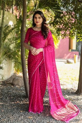 Women Pink Bandhej Printed Art Silk Zari Weaving And Rich Pallu Saree With Blouse For Women
