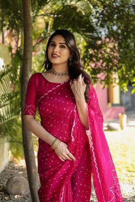 Women Pink Bandhej Printed Art Silk Zari Weaving And Rich Pallu Saree With Blouse For Women 4