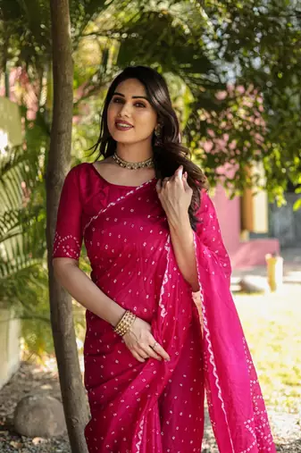 Women Pink Bandhej Printed Art Silk Zari Weaving And Rich Pallu Saree With Blouse For Women