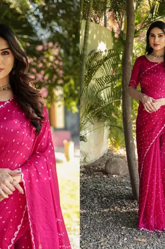 Women Pink Bandhej Printed Art Silk Zari Weaving And Rich Pallu Saree With Blouse For Women