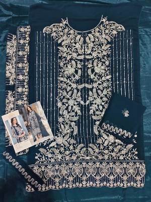 Teal embroidered organza semi stitched salwar suit 3