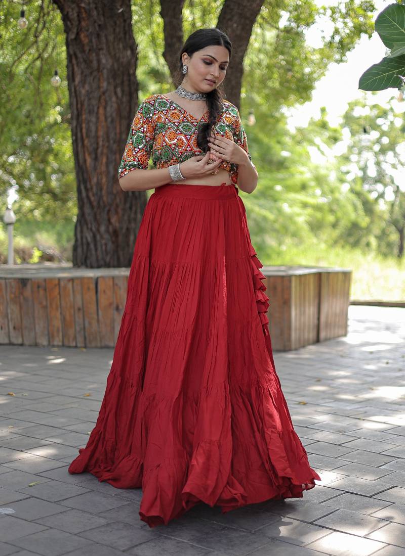 red Reyon Embroidered Navaratri Western Lehenga - PrazuFashion - 4420457