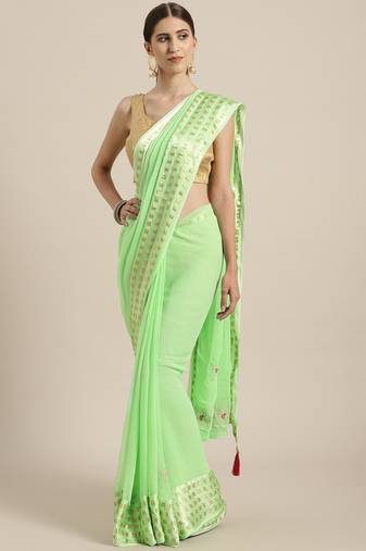 Green Hand Embroidered Georgette Sustainable Saree