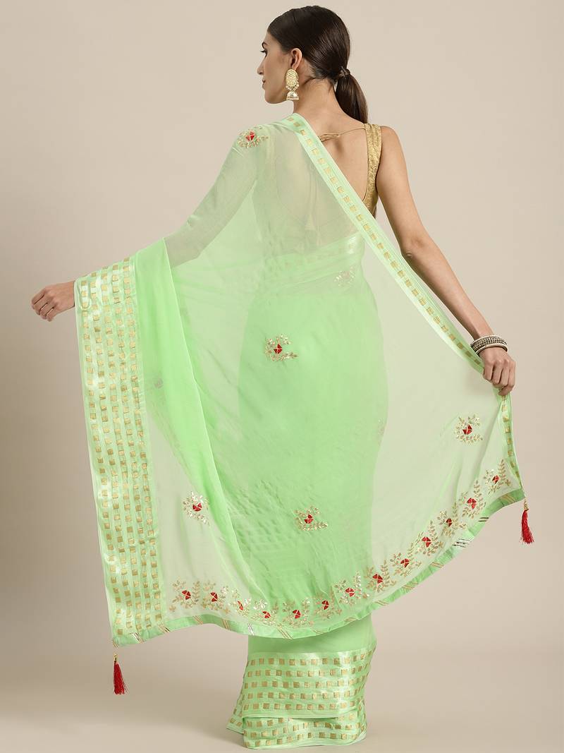 Green Hand Embroidered Georgette Sustainable Saree