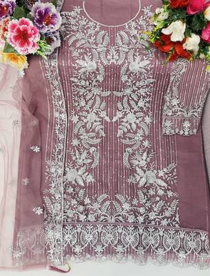 Brown embroidered organza semi stitched salwar suit 3