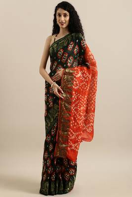 Hand Dyed Black & Orange Bandhani Silk Sustainable Saree 1
