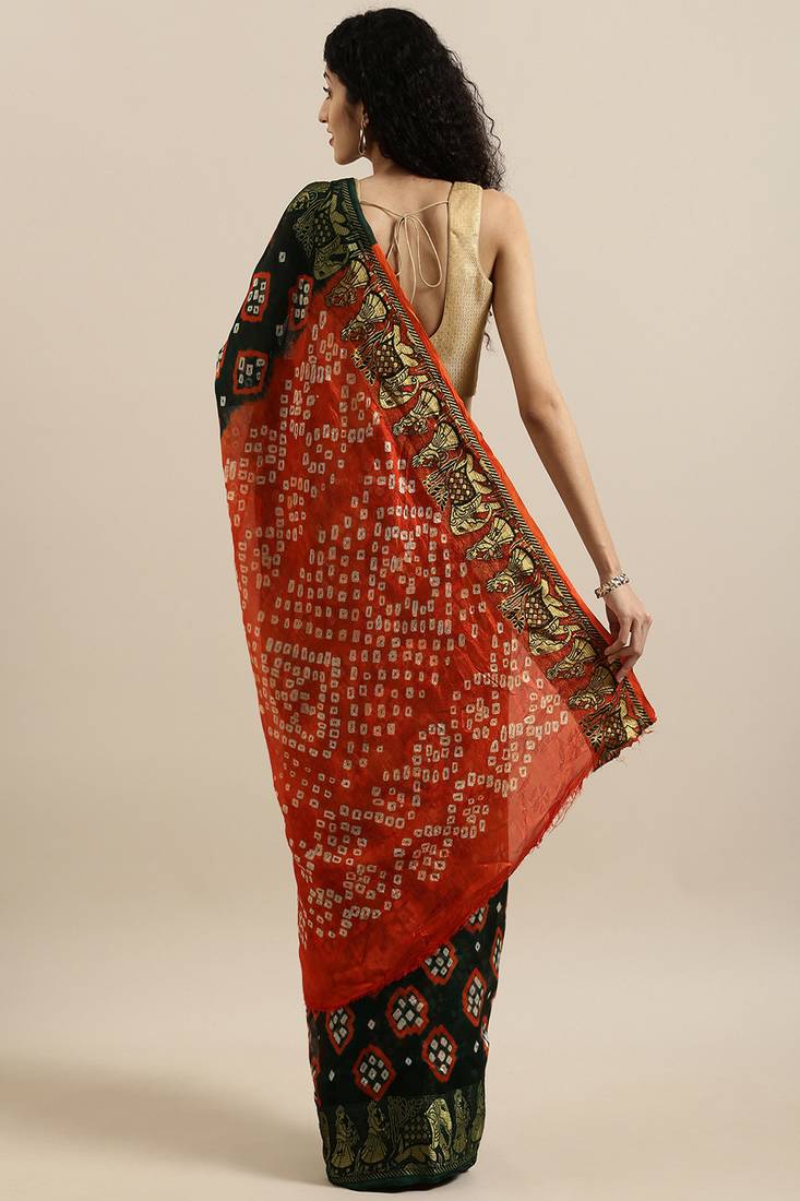 Hand Dyed Black & Orange Bandhani Silk Sustainable Saree