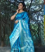 Women Sky Blue Kanjivaram Soft Silk Satin And Rich Pallu Saree With Blouse For Women