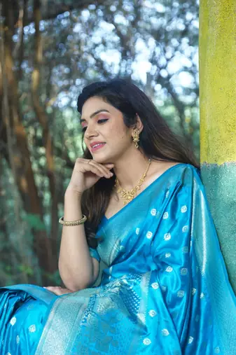Women Sky Blue Kanjivaram Soft Silk Satin And Rich Pallu Saree With Blouse For Women