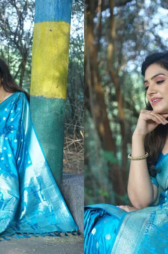 Women Sky Blue Kanjivaram Soft Silk Satin And Rich Pallu Saree With Blouse For Women