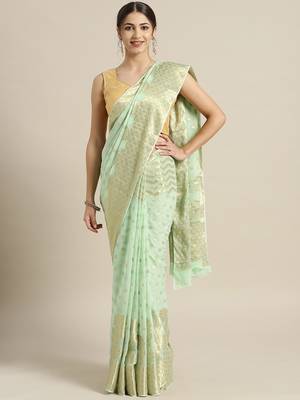 Mint Green Floral Hand Woven Georgette Sustainable Saree 1