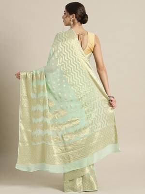 Mint Green Floral Hand Woven Georgette Sustainable Saree 2