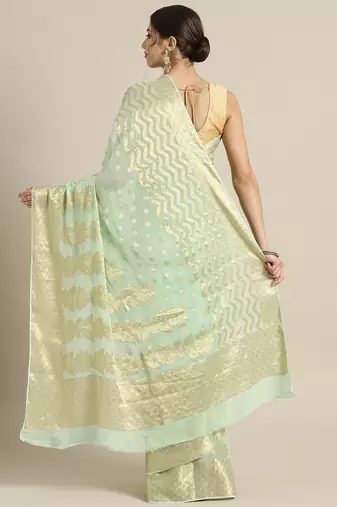 Mint Green Floral Hand Woven Georgette Sustainable Saree