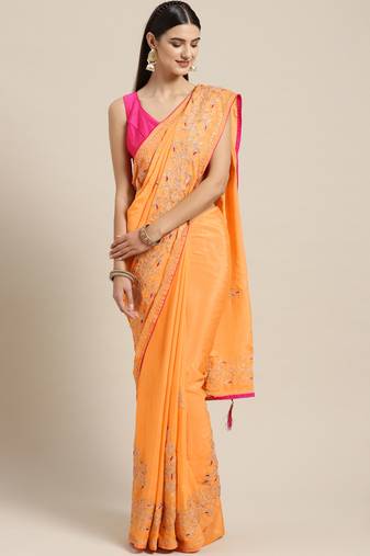 Handcrafted Orange Gorgette Sustainable Saree