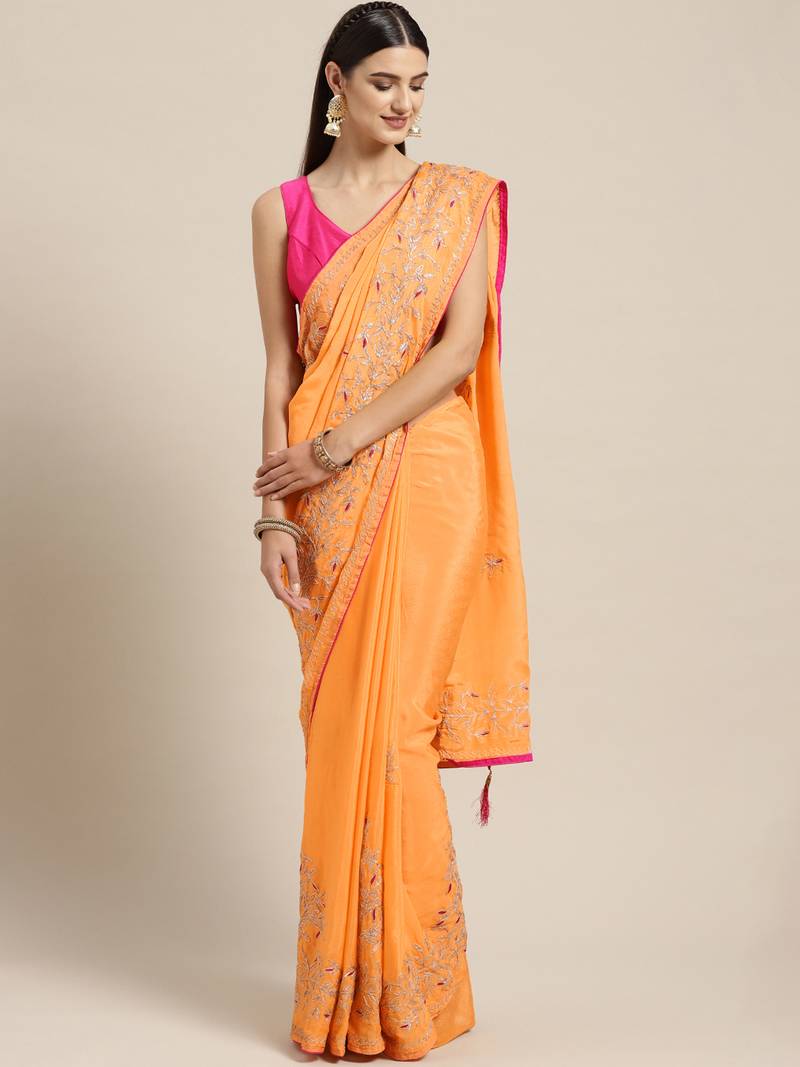 Handcrafted Orange Gorgette Sustainable Saree