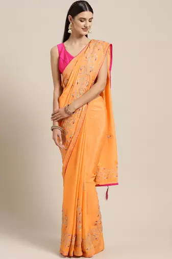 Handcrafted Orange Gorgette Sustainable Saree