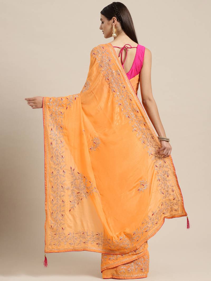 Handcrafted Orange Gorgette Sustainable Saree
