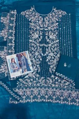Teal green embroidered organza semi stitched salwar suit 3