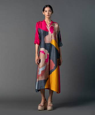 Grey & hot pink combo dupion silk dress 1