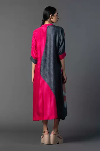 Grey & hot pink combo dupion silk dress