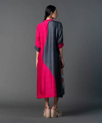 Grey & hot pink combo dupion silk dress 3