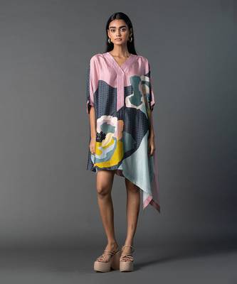 Grey & pink combo dupion silk dress 1