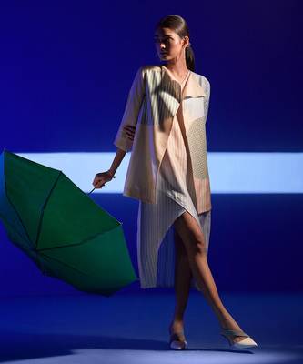 Cream & blue combo dupion silk dress 1