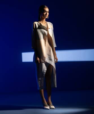 Cream & blue combo dupion silk dress 2