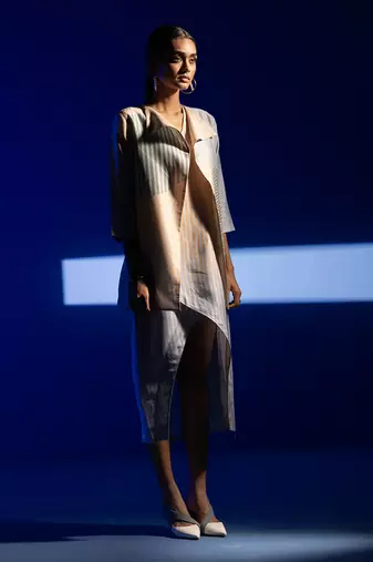 Cream & blue combo dupion silk dress