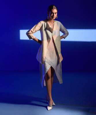 Cream & blue combo dupion silk dress 4