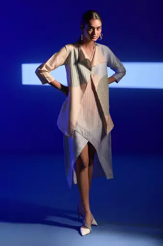 Cream & blue combo dupion silk dress