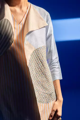 Cream & blue combo dupion silk dress