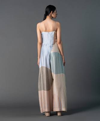 Cream & blue combo dupion silk jumpsuit 3