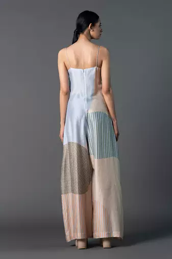 Cream & blue combo dupion silk jumpsuit