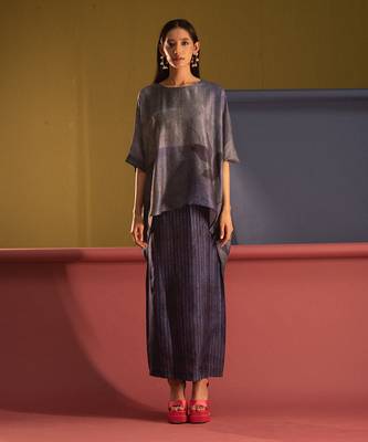 Royal blue dupion silk printed abstract skirt sets 1