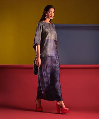 Royal blue dupion silk printed abstract skirt sets 4