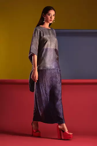 Royal blue dupion silk printed abstract skirt sets