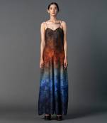 Brown, blue & orange multicolour dupion silk jumpsuit