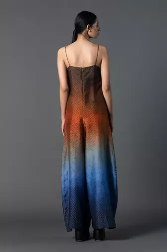 Brown, blue & orange multicolour dupion silk jumpsuit