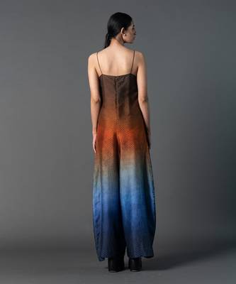 Brown, blue & orange multicolour dupion silk jumpsuit 3