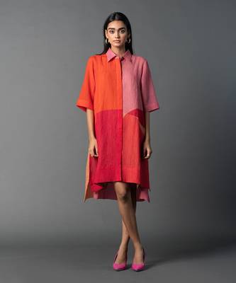 Pastel pink & orange shades dupion silk dress 1