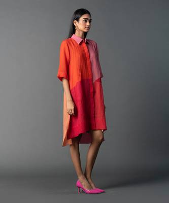 Pastel pink & orange shades dupion silk dress 2