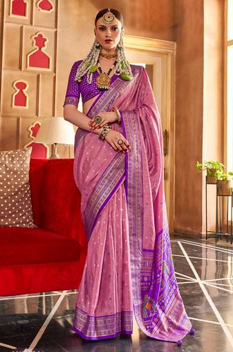 Onion Pink Patola Silk Blend Contemporary Saree With Unstiched Blouse